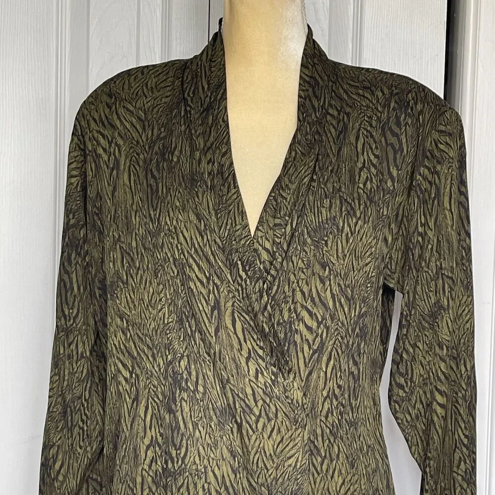 Anne Klein Vintage Silk Blouse Size 8 Green Black Surplice Button Front Top